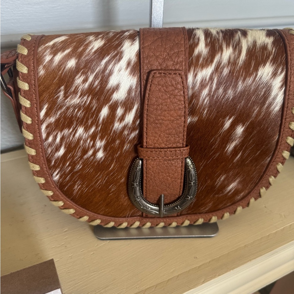 Brown and White Haircalf Crossbody Saddle Bag